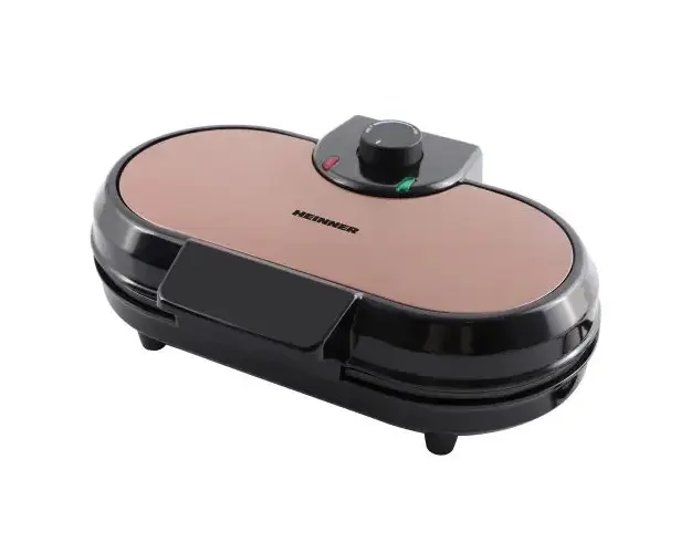 Aparat de facut gofre Heinner Copper Crown HWF-1000CR, 1000W, buton reglare temperatura, placi cu invelis antiaderent, plite gofre: 13.97 cm, Negru/aramiu