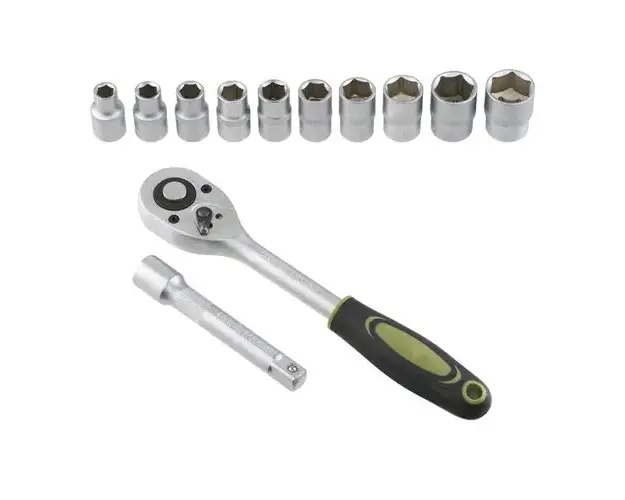 Set 12 piese, cheie cu clichet reversibila 1/2″, capete chei tubulare, chrome vanadium, Heinner