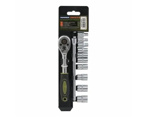 Set 12 piese Heinner, Cheie cu clichet reversibila 1/4'', Bara de extensie: 152mm, capete chei tubulare, chrome vanadium