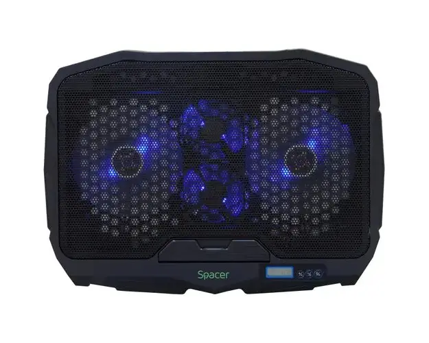 Stand gaming pentru laptop Spacer 17inch, sita metal, 2xfan 12.5cm, 2xfan 7cm cu led albastru, Negru