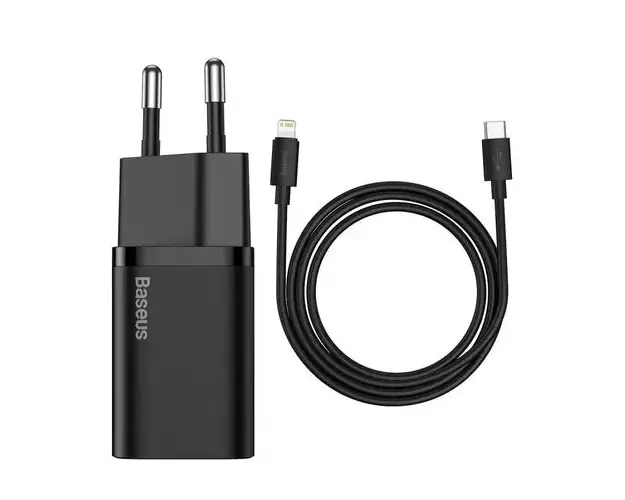Incarcator retea Baseus Super Si, USB-C, Power Delivery 20W, Cablu Lightning 1m inclus, Negru