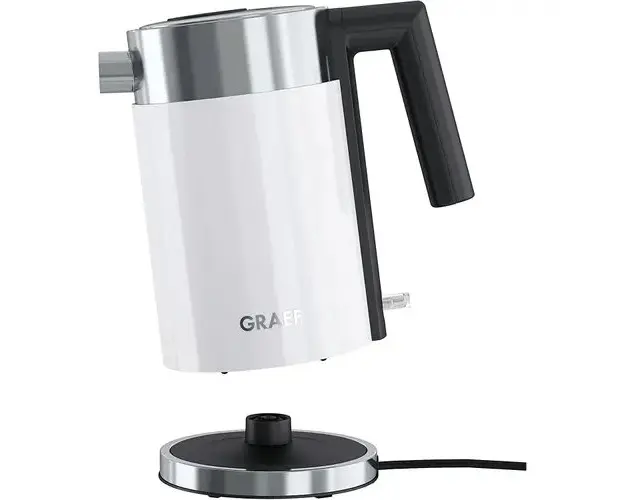 Fierbator electric Graef, WK401, capacitate 1 L, corp mobil, cu filtru de calcar detasabil din inox, turnare usoara, oprire automata, protectie supraincalzire, 2015 W, alb