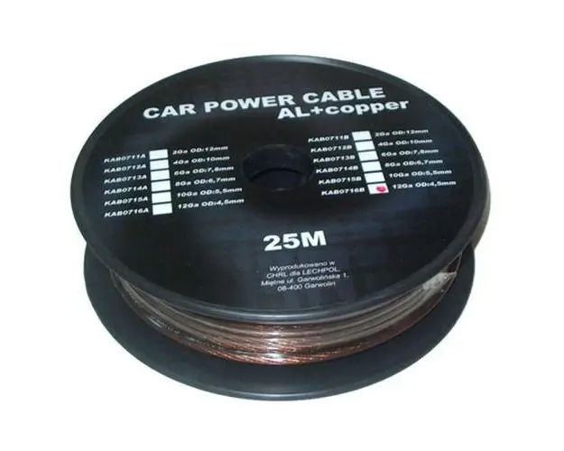 Cablu de putere din aluminiu, cupru, 4GA, 25 m, Negru