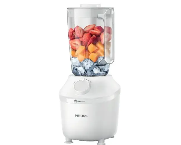 Blender Philips Seria3000 HR2041/00, Sistem ProBlend, capacitate maxima 1.9L, capacitate efectiva 1L, 1 viteza + buton Pulse, picioare antivibratie, Alb