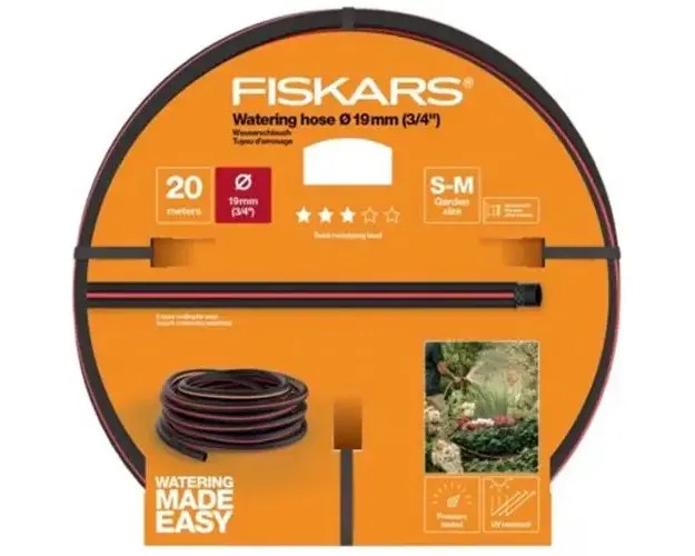 Furtun gradina Fiskars 1027109, diametru 19mm (3/4inch), 20 m lungime, rezistenta la rasucire, 3 straturi, rezistet la UV