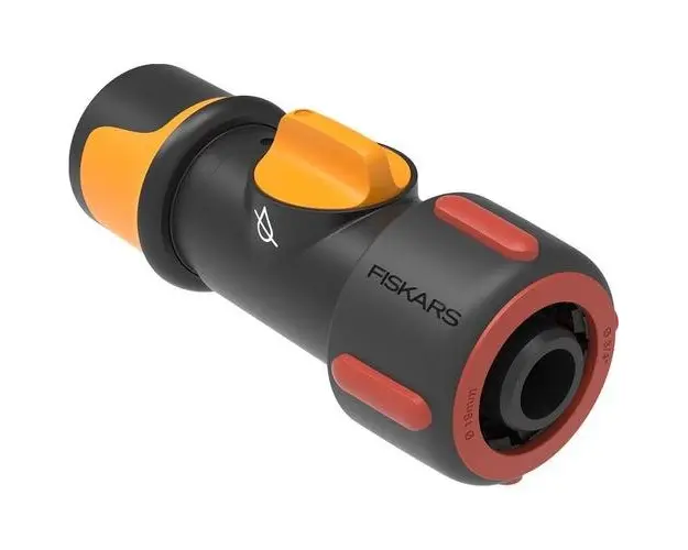 Conector pentru furtun cu robinet incorporat On/Off, pentru furtun de 19 mm (3/4inch) Fiskars, din plastic