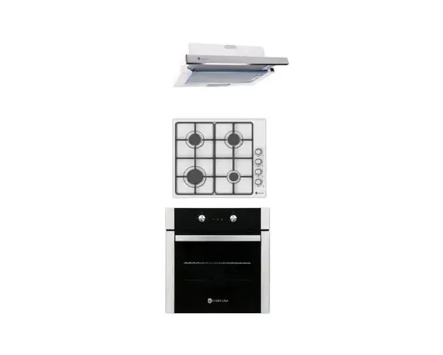 Pachet incorporabil cuptor electric, plita gaz inox si hota telescopica Studio Casa TrioVera clasa A, 8 functii, Programator digital pentru inceputul si sfarsitul coacerii, Negru/Inox