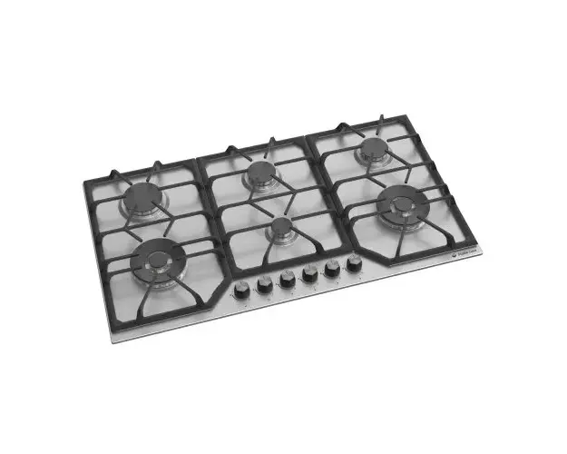 Plita incorporabila Studio Casa Ariana Inox, 90 cm, 6 arzatoare gaz, aprindere electrica, gratare fonta, Inox/Negru