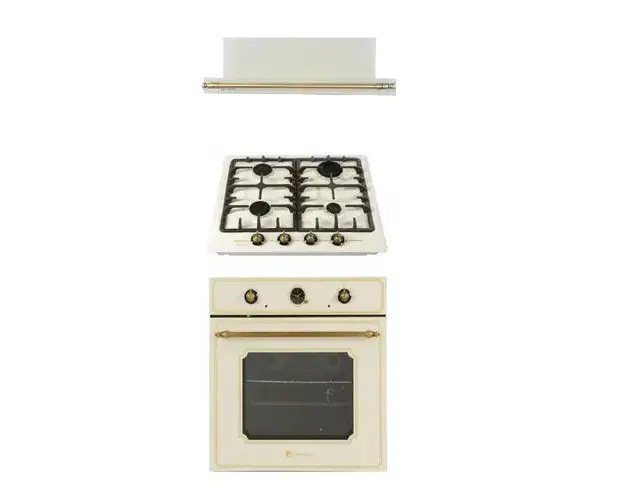 Pachet rustic incorporabil Studio Casa Teramo, cuptor electric , plita pe gaz si hota telescopica , gratare fonta, 270 mc / h, finisaj crem