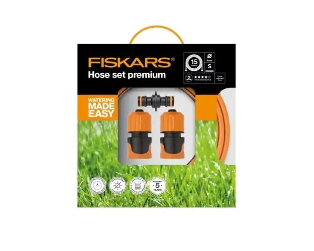 Furtun Fiskars Premium 1020447, 15 m lungime, 9mm (3/8inch) diametru, protectie UV + 2 conectori de debit