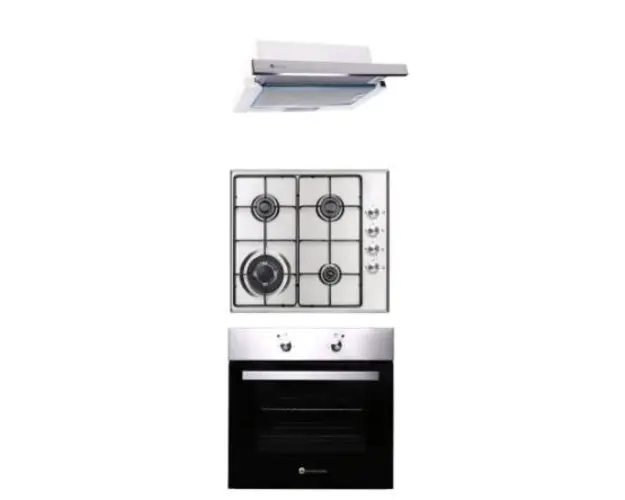 Pachet incorporabil Studio Casa Viva Milano, Cuptor electric multifunctional + Plita 4 arzatoare gaz + Hota telescopica, Wok, Clasa A, Ventilator, 65 l, Inox