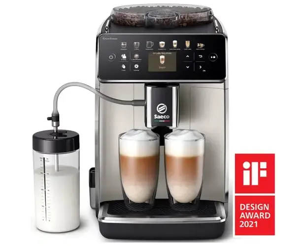 Espressor automat Saeco GranAroma SM6582/30, sistem de lapte Latte Duo, 16 bauturi, ecran TFT color, 6 profiluri utilizator, filtru AquaClean, rasnita ceramica, functie DoubleShot, Crem metalic
