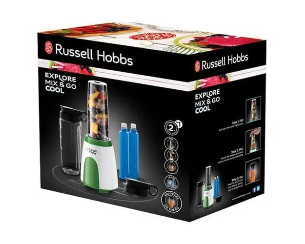 Blender Russell Hobbs Explore Mix & Go Cool, 300 W, 0.6 L, 2 recipiente Tritan, 2 recipiente gheata, Alb/Verde