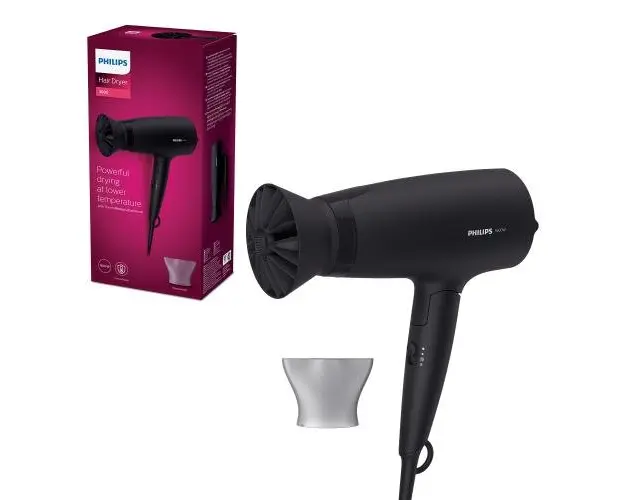 Uscator de par Philips BHD308/10, 1600W, accesoriu Thermo Protect, 3 setari de viteza/temperatura, cap de coafare 14 mm, Negru