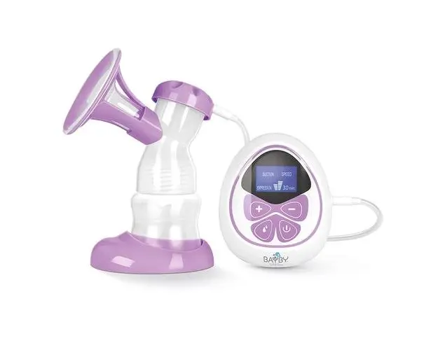 Pompa de san electrica cu doua faze Bayby BBP 1010, 9 intensitati de vacuum pentru stimulare , 9 intensitati de vacuum pentru extragere, Alb/Mov