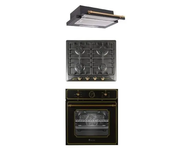 Pachet incorporabil cuptor electric , plita gaz si hota telescopica Studio Casa Toscana Retro Black Rustic, Clasa A, Gratare fonta, Negru