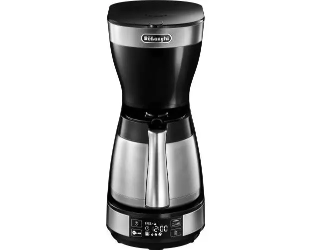 Cafetiera De’Longhi ICM16731, 1200W, Carafa termica din otel inoxidabil, Capacitate 1.25 L, 10 cesti, Ecran LCD, Timer, Selector Aroma, Sistem anti-picurare, Oprire automata, Inox/Negru