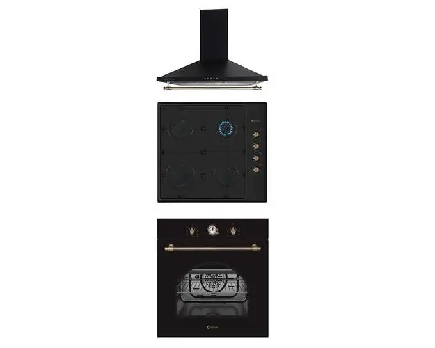 Pachet rustic incorporabil cuptor electric, plita gaz si hota decorativa Dolce Retro Black Studio Casa, Clasa energetica A, 6 functii, Grill, Ventilator, Gratare fonta, 1 motor turbo, Negru