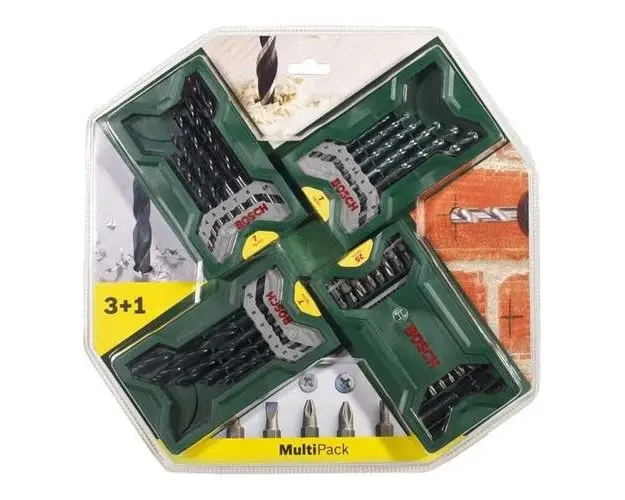 Set 46 accesorii Bosch Mini-X-Line 3+1, suport universal, biti, burghie pentru zidarie, metal si lemn