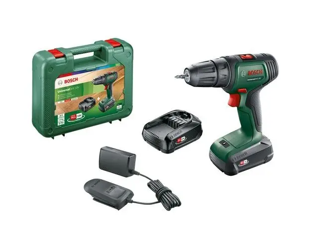 Masina de gaurit si insurubat (bormasina) pe acumulator Bosch UniversalDrill 06039D4001, 18 V, 1.5 Ah, 1450 RPM, 23/32 Nm, 30 mm diametru maxim gaurire, 2 acumulatori, incarcator, cap surubelnita dublu, valiza profesionala