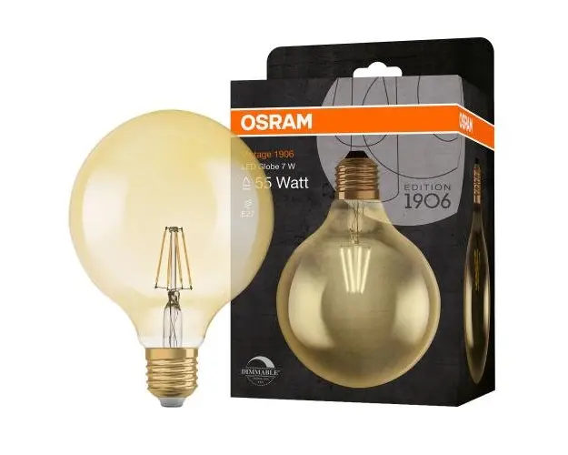 Bec LED Osram Vintage 1906 Globe, dimabil, 55, 7 W, E27, lumina calda 2500K, 725 lm