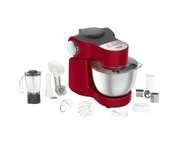 Robot de bucatarie Tefal Wizzo QB317538, 1000 W, Flex Whisk, Set pentru patiserie, Bol din inox, Tocator, Blender, Rosu/Inox
