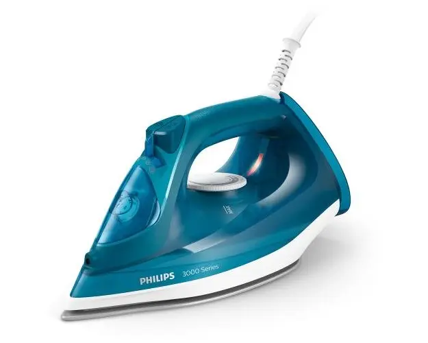 Fier de calcat Philips Seria 3000, putere 2600W, jet continuu de abur 40g/min, culoare albastru deschis, rezervor de apa 300ml, talpa ceramica, oprire automata.