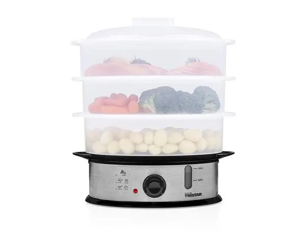 Aparat de gatit cu aburi Tristar VS-3914, 1200 W, 11 litri, Timer, 3 cosuri gatire, Inox / Negru
