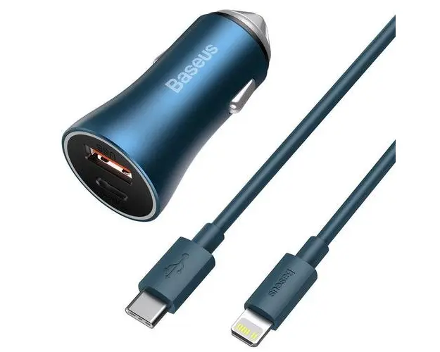 Incarcator auto Baseus Golden CCJDZ-C, 1 x USB, 1 x USB-C, 40W, Quick Charge 3.0, cablu USB Type C - Lighting, Albastru