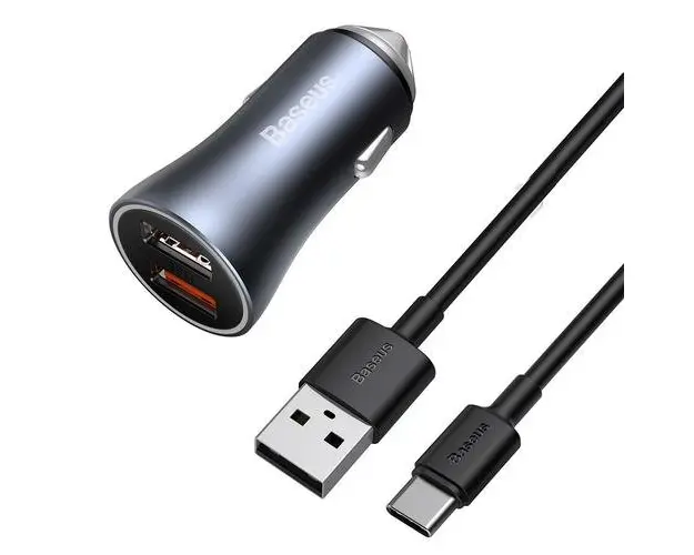 Incarcator auto Baseus, 2 x USB, 40 W, cablu USB-C, Gri
