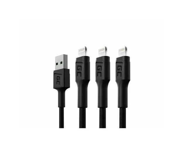 Cablu de date Green Cell GC Ray, USB- 3 x Lightning, 2m, 2.4A (Negru)