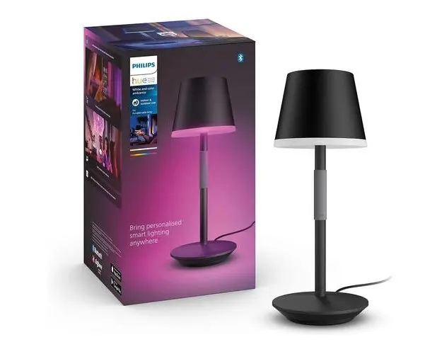 Lampa de masa LED RGB inteligenta Philips Hue Go, Bluetooth, cu acumulator, dimabila, 530 lm, LED RGB, lumina alba si color (2000-6500K), 35 cm, Metal, Negru
