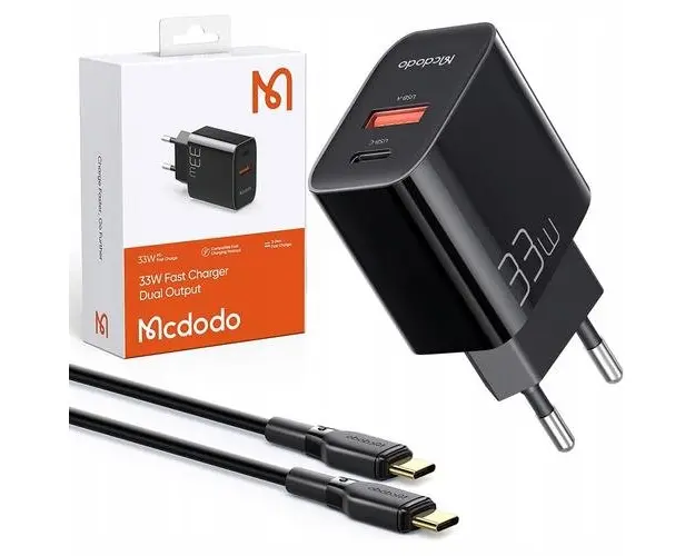 Incarcator retea Mcdodo, 1 x USB-C, 1 x USB, PD 60W, cablu inclus 1.2m, Negru