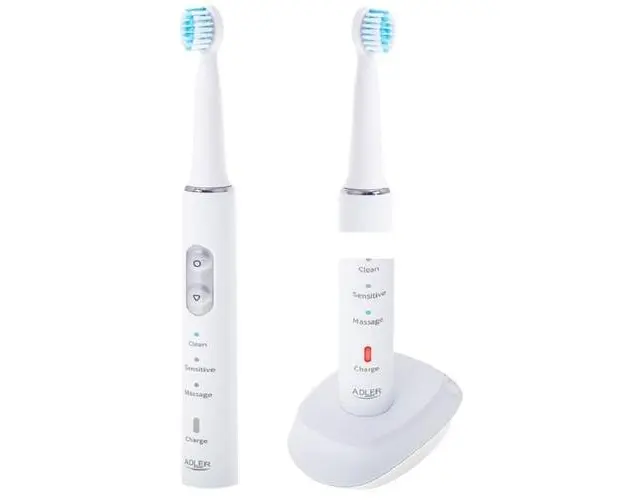 Set periuta de dinti electrica sonicare Adler MEAD2175, Acumulator incorporat, 30000 RPM, 3 moduri de lucru, 2 capete rezerva, Oprire automata, Memento 30 secunde, Rezistenta la socuri si apa (Alb)