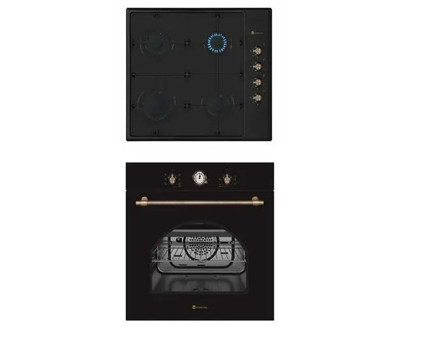Pachet rustic incorporabil Studio Casa Dolce Vita Nero cuptor electric si plita gaz, Clasa energetica A, 6 functii, Grill, Ventilator, Gratare fonta (Negru)