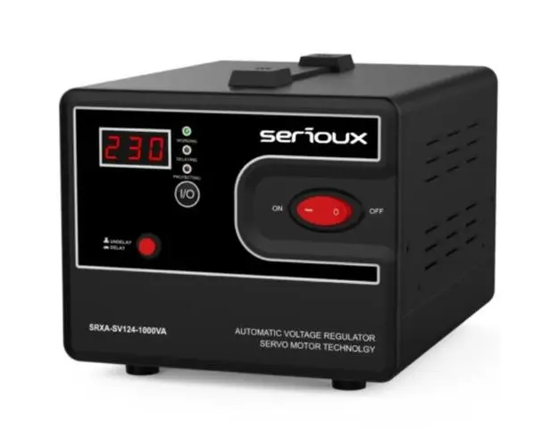 Stabilizator de tensiune cu servomotor Serioux SRXA-SV124-1000VA, 1000VA, IP20, protectie tensiune scazuta, supratensiune, scurtcircuit,supraincalzire