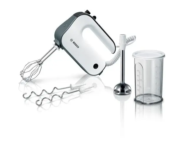 Mixer de mana Bosch MFQ49700, 850 W, 5 trepte de putere, functie turbo, Vas gradat , picior blender cu cutit cu 4 lame din otel inoxidabil, Alb