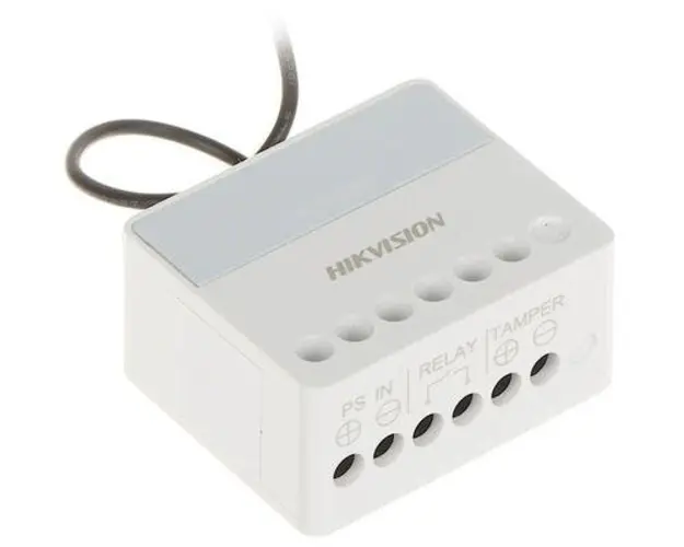 Modul releu AXPRO Hikvision DS-PM1-O1L-WE, 1 x NO/NC (0~36 V DC, Max 5 A), comunicare 868 MHz two-way wireless, criptare AES-128, distanta de comunicare RF: 1800m