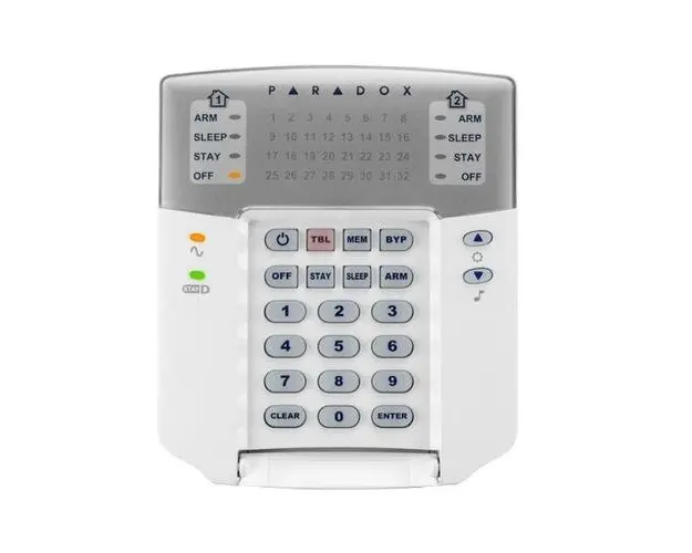 Tastatura Paradox LED K32+ -32 zone, pe fir; compatibilitate: SP, MG Stay D; LED -uri indicatoare separate de stare pentru 2 partitii: armare totala/somn/partiala/dezarmare; 1 intrare de zona