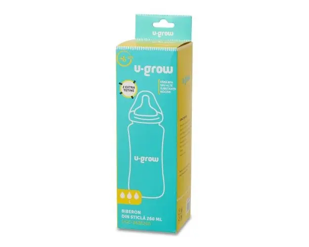 Biberon din sticla, U-Grow, 260 ml, cu 2 tetine extra