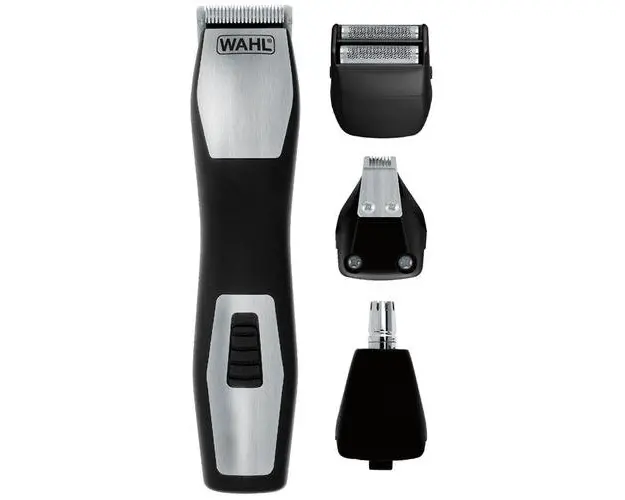 Aparat de tuns barba Wahl 09855-1216, GroomSman Pro, cu 6 pozitii, 3 nivele individuale de tuns, alimentare acumulator, 4 piepteni de ghidare, trimmer pentru precizie, autonomie 60 minute, Negru