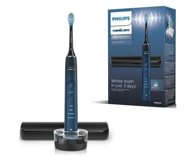 Periuta de dinti electrica Philips Sonicare DiamondClean 9000 HX9911/88, 62000 miscari/min, 4 moduri de curatare, 3 nivele intensitate, senzor presiune,functia BrushSync, aplicatie Sonicare, wireless Bluetooth, toc transport, baza de incarcare, Albastru