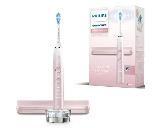 Periuta de dinti electrica Philips Sonicare DiamondClean 9000 HX9911/84, 62000 miscari/min, 4 moduri de curatare, 3 nivele intensitate, senzor presiune, functia BrushSync, aplicatie Sonicare, wireless Bluetooth, toc transport, baza de incarcare, Roz