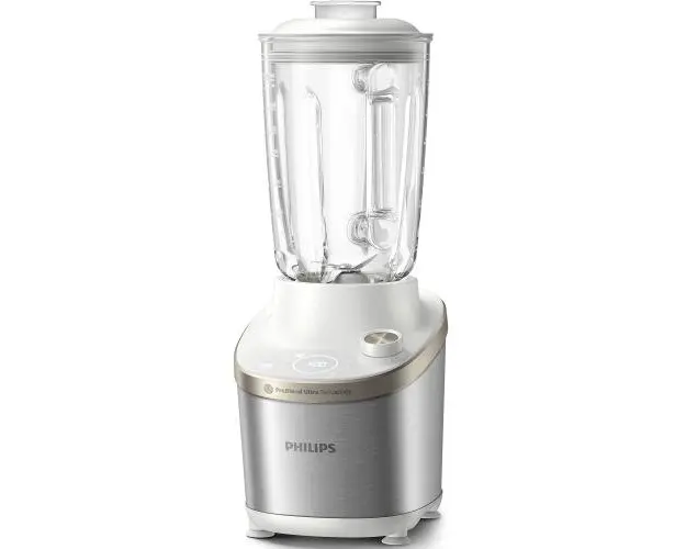 Blender Philips HR3760/01, 1500 W, vas de sticla capacitate 2 l, corp din metal alb, 4 lame zimtate, setari de viteza variabila, presetare si functie impuls, ecran LED si buton, Alb