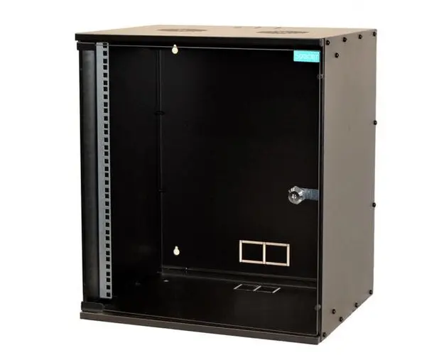 CABINET 19″ SPACER 12U, fixare pe perete, Flatpack (dezasamblat), 582 (h) x 515 (w) x 450 (d) mm, usa sticla cu blocare, otel 1.5mm, sarcina maxima 100Kg