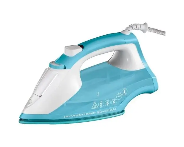 Fier de calcat Russell Hobbs Light & Easy Brights Aqua 26482-56, talpa ceramica colorata infuzata cu balsam, 2400 W, 115 g/min, albastru/alb