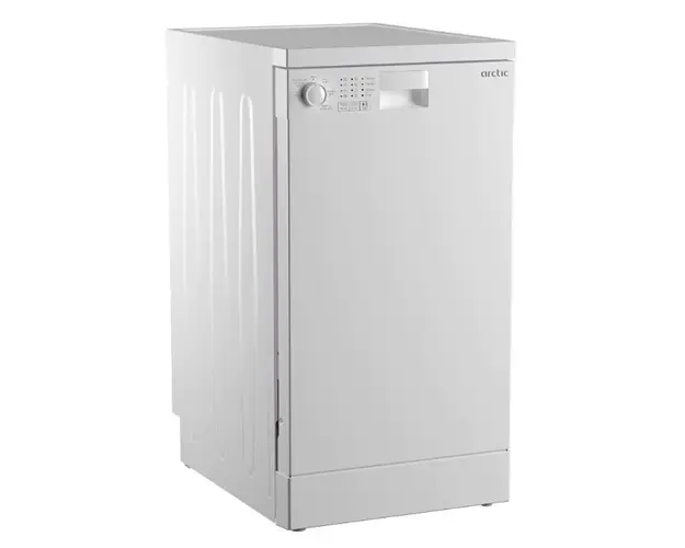 Masina de spalat vase slim Arctic DFS0502, 10 seturi, 5 programe, Sistem dedurizare apa, Aqua Protect, Amanare pornire, Clasa E, 45 cm (Alb)