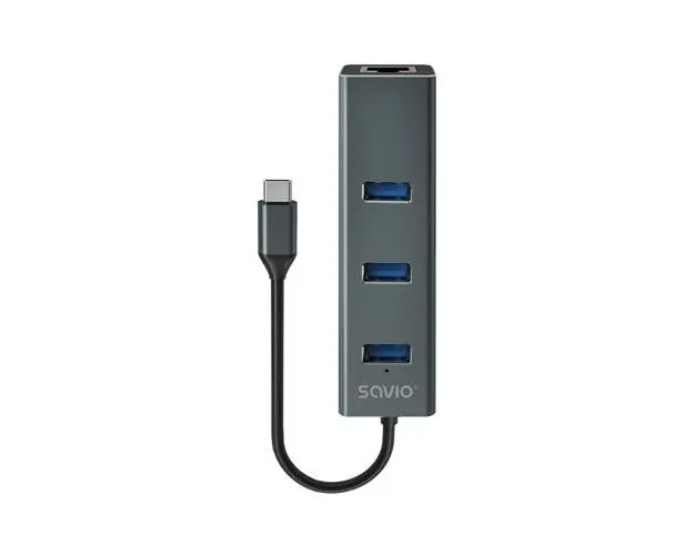 Hub SAVIO AK-57, 3 porturi USB-C 3.1 Gen 1 cu adaptor RJ-45 Gigabit Ethernet