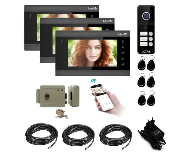 Kit VideoInterfon Smart Mentor SYKT006 WiFi 3xMonitor Interfon Yala acces 3 locatii 7" HD 2MP 6cCard Acces MicroSD InfraRed Senzor de miscare