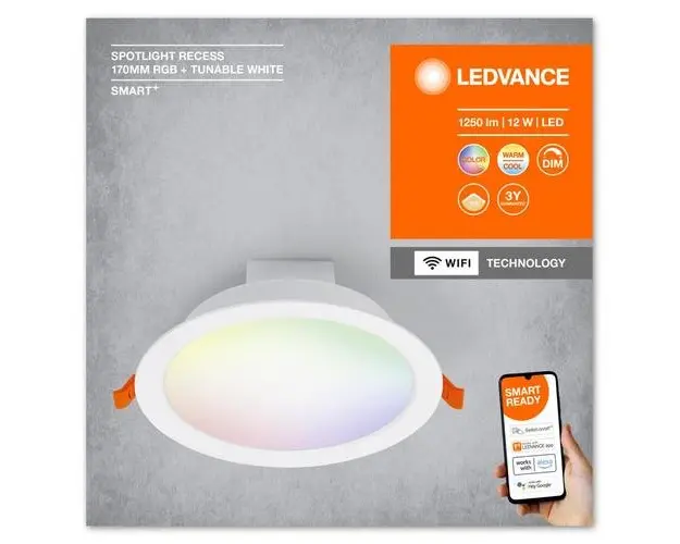 Spot LED RGB incastrat Ledvance SMART+ WiFi, 12W, 1000 lm, lumina alba si color (2700-6500K), IP20/IK03, 170x57mm, Alb